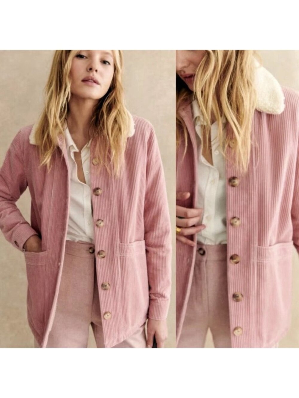 Sezane Will Pink Corduroy Shearling Faux Sheepskin Collar Work Jacket Size XXS